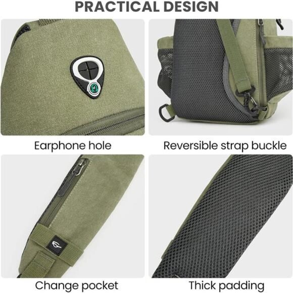Canvas Sling Bag Crossbody Backpack with USB Charging Port &RFID Blocking,Hiking - Picture 6 of 7